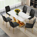 A modern minimalist rectangular dining table suitable for 6-8 people, a set of 6-piece PU leather backrest and gold metal legs modern dining chairs. F-OC