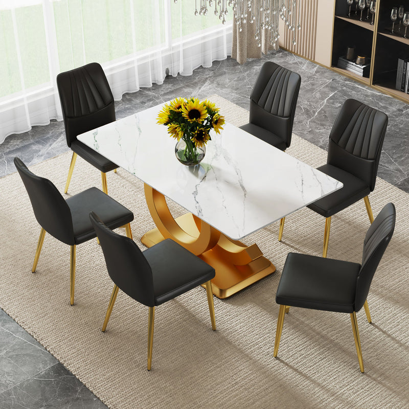 A modern minimalist rectangular dining table suitable for 6-8 people, a set of 6-piece PU leather backrest and gold metal legs modern dining chairs. F-OC