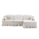 L-Shaped Sectional Sofa With Removable Ruffled Skirt, Flared Arms, Ottoman - White by HouseOfZazla