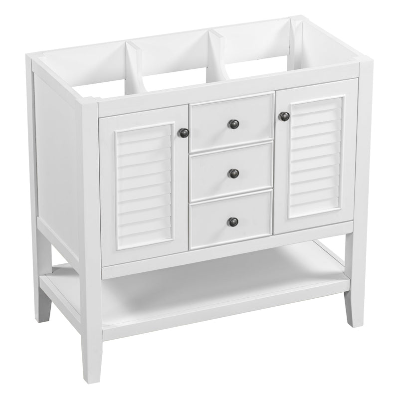 36" Bathroom Vanity without Sink, Cabinet Base Only, Two Cabinets and Drawers, Open Shelf, Solid Wood Frame, White