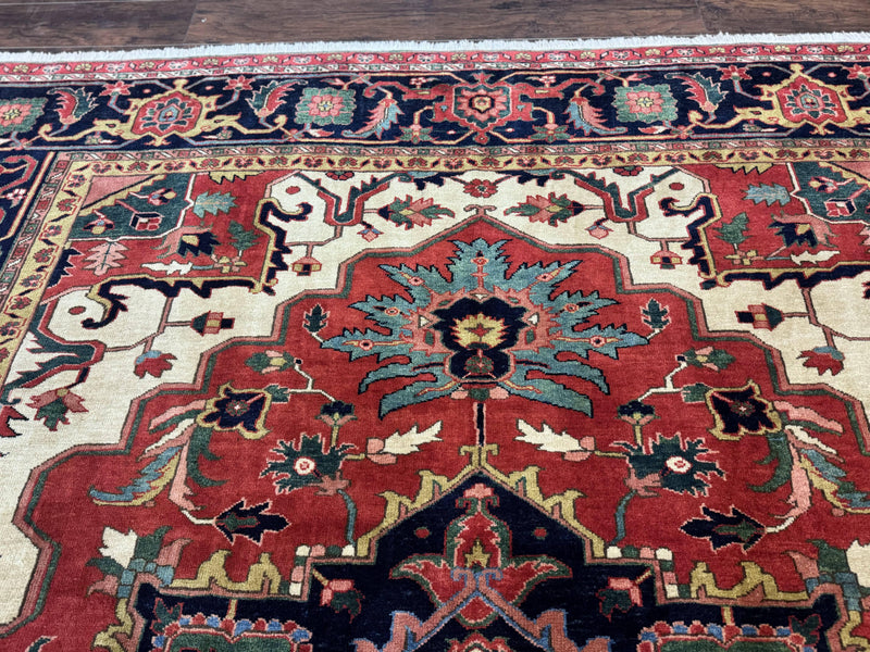 Persian Heriz Serapi Rug 8 x 10.6, Geometric Medallion, Great Colors, Rare, Red Navy Blue Ivory