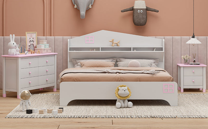 3-Pieces Bedroom Sets Full Size House Bed with Storage Headboard, Wooden Nightstand and Storage Dresser,White