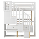 Full Size Loft Bed With Desk And Shelves, 2 Built In Drawers, Storage Staircase - Natural / White by HouseOfZazla