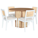 5-Piece Rattan Round Dining Table Set, Wood Table with Hexagonal Base and Upholstered Chairs for Dining Room, Kitchen,Indoor Use, White+Beige