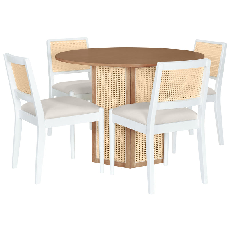 5-Piece Rattan Round Dining Table Set, Wood Table with Hexagonal Base and Upholstered Chairs for Dining Room, Kitchen,Indoor Use, White+Beige