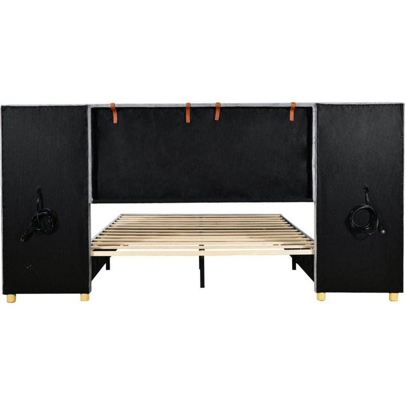 Full size upholstered platform bed with two outlets and USB charging ports on both sides, two bedside pillows, storage shelf, Velvet,Gray