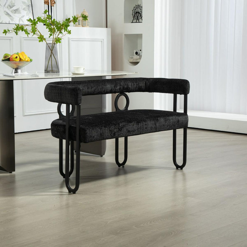 Modern Loveseat 2 Seater Sofa Chenille Fabric Couch with Arms and Metal Legs for Living Room, Home Office, Studio (Black Chenille)