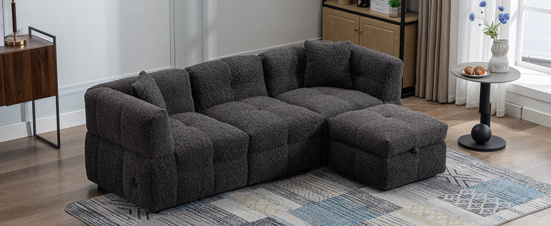 87.7" Sectional Sofa Cozy Teddy Fleece Fabric Sectional Sofa Couch with Two USB Ports a Movable Storage Ottoman and Two Lumbar Pillows for Living Room, Gray