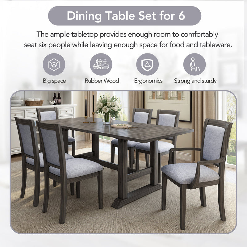7-Piece Updated 76.9inch Extendable Trestle Dining Table Set with Removable Leaf, Kitchen Table Set with Upholstered Side Chair and Arm Chair, Set of 6, Grey