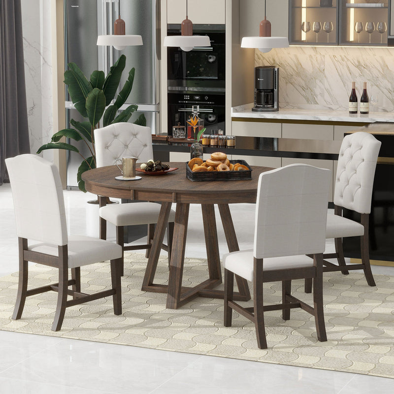 5-Piece Retro Functional Dining Set, Round Table with a 16"W Leaf and 4 Upholstered Chairs for Dining Room and Living Room (Walnut)