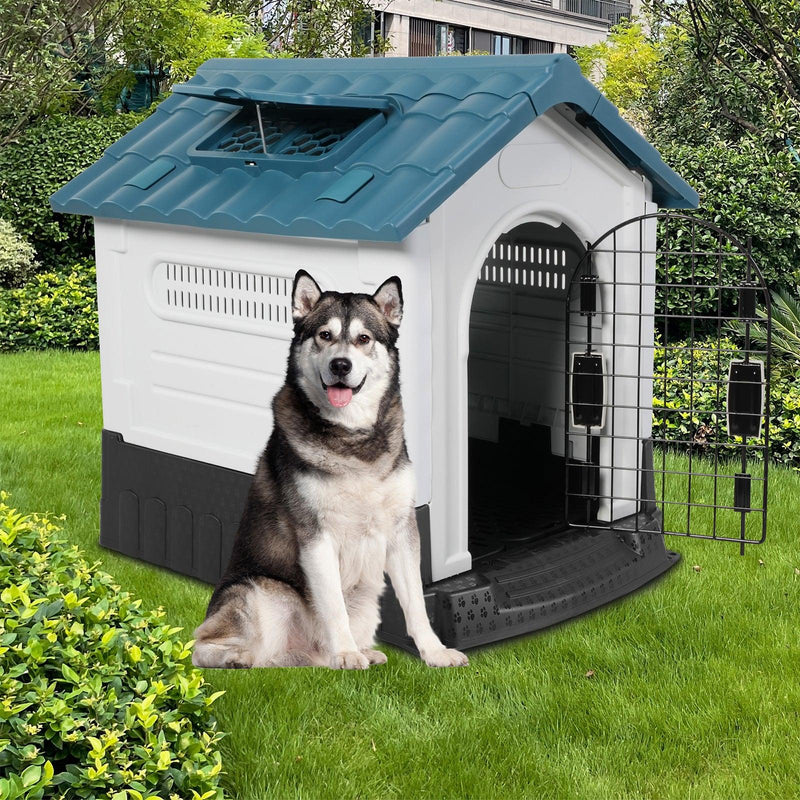 Outdoor Blue Sloped Roof 46.4" Height Large Dog House Plastic Waterproof Kennel with Air Vents