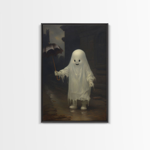 Cute Ghost Painting, Ghost In The Rain, Vintage Canvas, Art Canvas Print, Dark Academia, Haunting Ghost, Cute Halloween Decor, photo 2 of 9