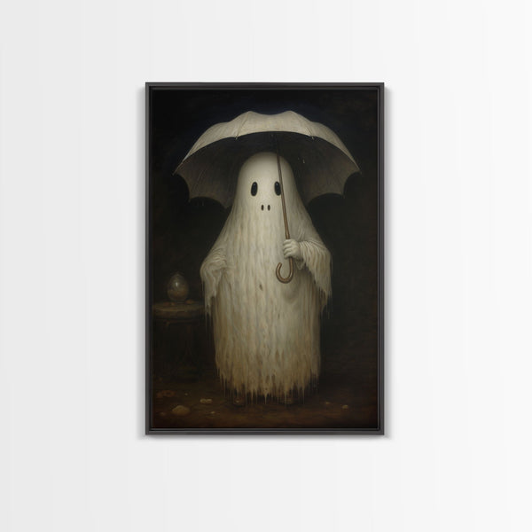 Cute Ghost Painting, Ghost In The Rain, Vintage Canvas, Art Canvas Print, Dark Academia, Haunting Ghost, Cute Halloween Decor, photo 2 of 9