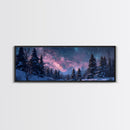 Starry Night Northern Lights, Framed Canvas Print, Beautiful Night Sky Over A Snow Capped Forest, Winter Landscape Painting, Purple Skies