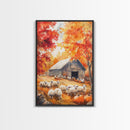 The Sheep Farm In Fall Framed Canvas Print, Farmhouse Decor, Boho Painting Wall Art