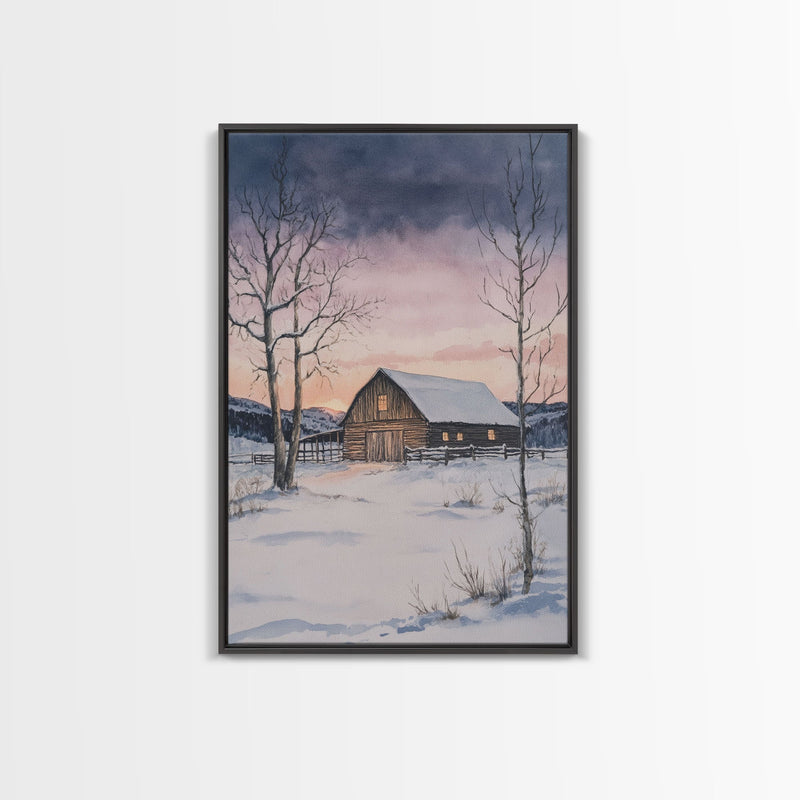 Barn In The Winter, Framed Canvas Print, Winter Landscape Print, Rustic Christmas Art, Primitive Decor