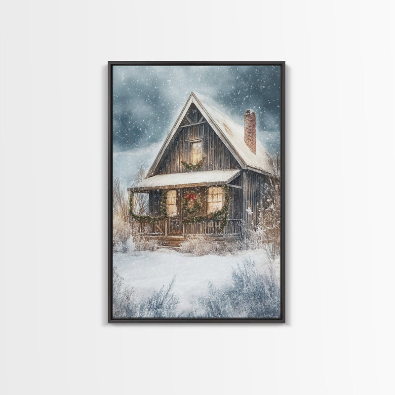 Beautiful Woods Cabin Framed Canvas Print, Extra Large Fall Decor, Mid Century Modern Winter Wall Art, Modern Christmas