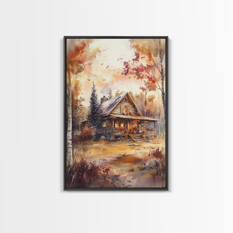 Beautiful Woods Cabin Framed Canvas Print, Extra Large Fall Decor, Mid Century Modern Autumn Wall Art, Modern Christmas