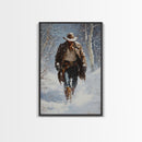 Cowboy Riding Horse in Snowy Forest Canvas Print, Winter Wall Art, Western, Rustic Christmas Wall Art, Seasonal Holiday Decor, Canvas Print