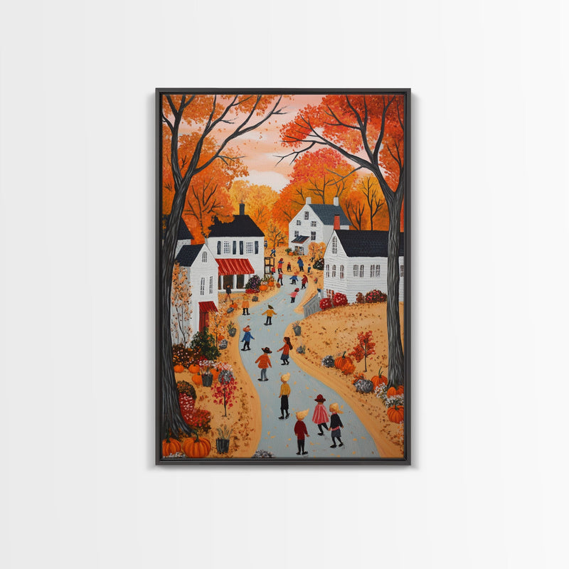 Autumn Village Scene Framed Canvas Print Tall Art With Fall Leaves And Pumpkins, Cozy Wall Art For Seasonal Farmhouse Decor