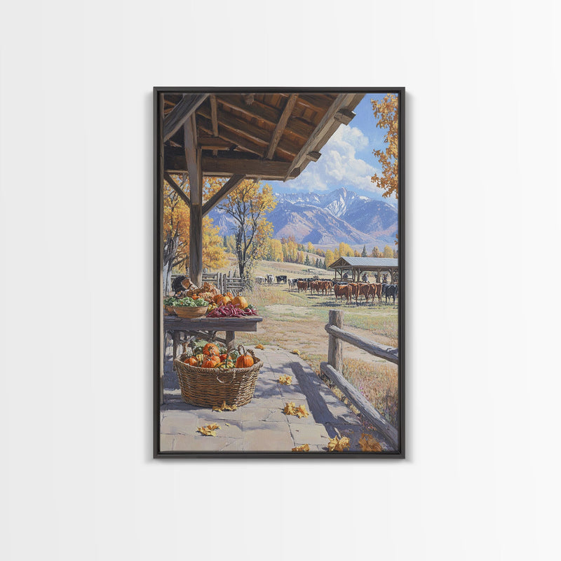 Autumn Harvest Scene With Pumpkins Farmhouse Wall Art Framed Canvas Print Thanksgiving Seasonal Wall Art Country Home Decor Gift Idea