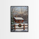 Snowy Log Cabin With Wreath And Fence Framed Canvas Print Rustic Winter Scene With Cozy Cabin In Snow Perfect Christmas Home Decor Wall Art