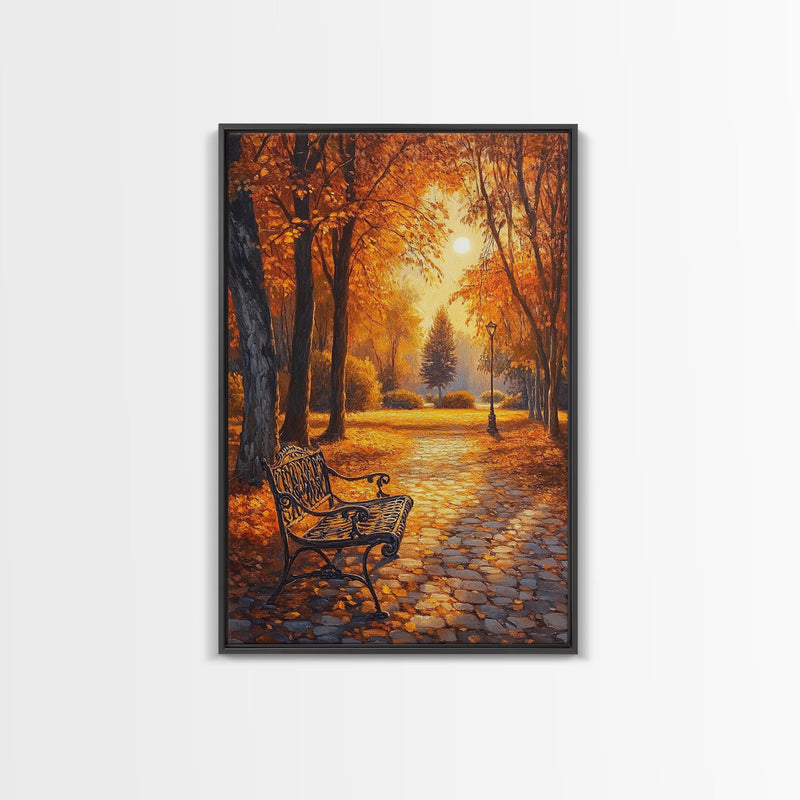 Autumn Park Bench Scene With Trees And Lamppost Framed Canvas Print Wall Art Fall Decor, Rustic Autumn Art Gift, Seasonal Canvas Art