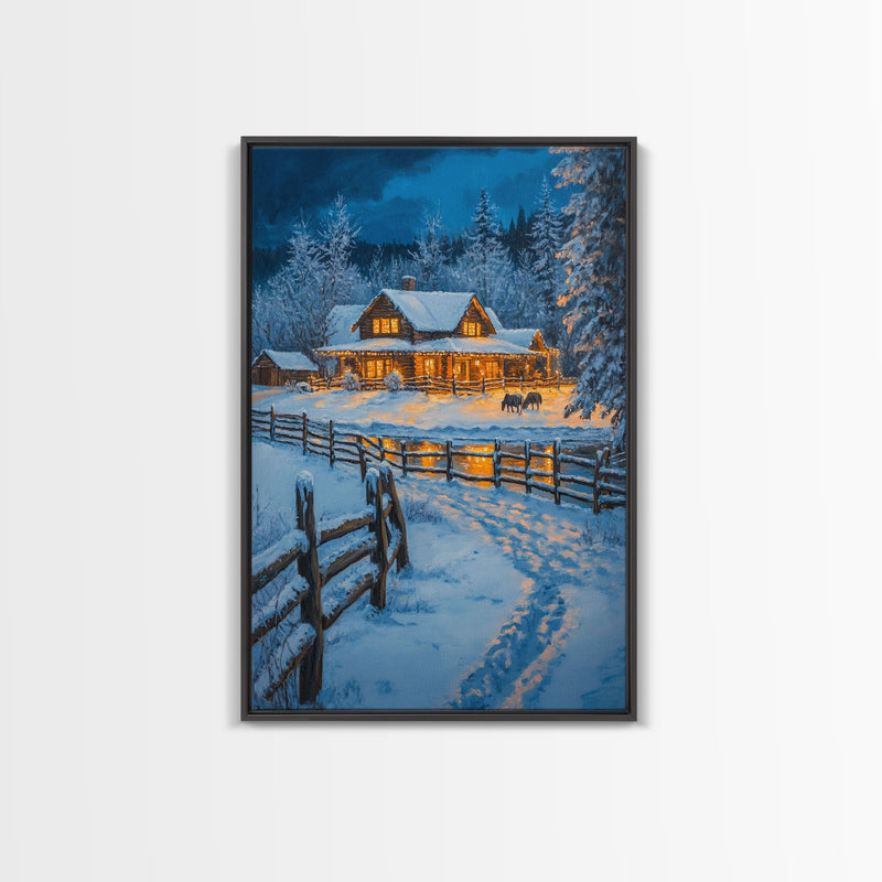 Warm Log Cabin In Snow Framed Canvas Print Wall Art Winter Holiday Decor, Country Christmas Art Gift, Rustic Winter Wonderland Art