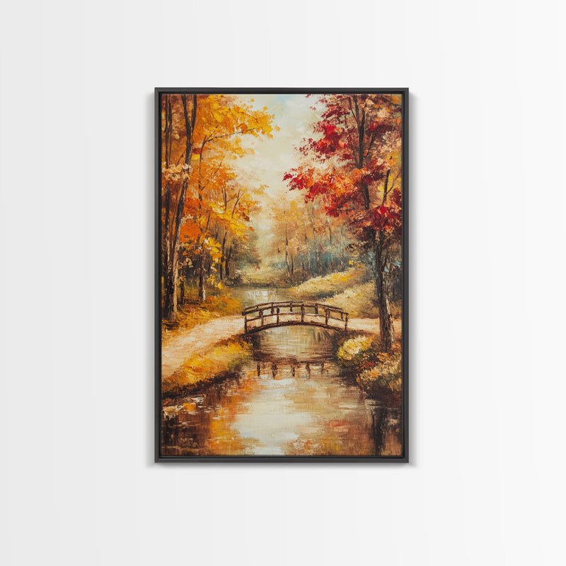 Autumn Bridge Over Stream Framed Canvas Print Wall Art Fall Landscape Decor, Rustic Autumn Art Gift, Seasonal Wall Art