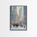 Historical City Winter Framed Canvas Print, Snowy Urban Landscape with Carriages and Victorian Architecture, Elegant Christmas Wall Art
