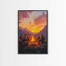 Red Barn at Fall Sunset Framed Canvas Print, Warm Autumn Landscape with Cows in Pasture, Perfect Wall Art for Country and Farmhouse Homes