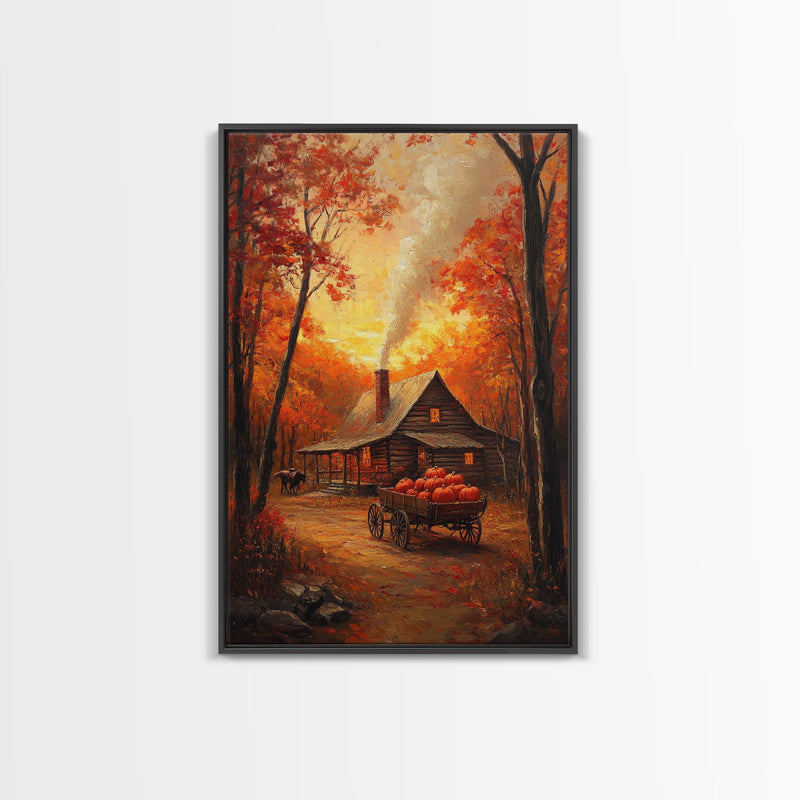 Autumn Cabin with Pumpkins Framed Canvas Print, Warm Fall Countryside Scene with Golden Leaves, Cozy Rustic Farmhouse Wall Art Decor