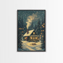 Cozy Cabin in Snowy Winter Forest, Warm Christmas Lights and Peaceful Holiday Scene, Perfect for Winter Wall Art, Framed Canvas Print