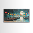 Framed Canvas Print Full Moon Lanterns on Boats, Dreamy Night Scene, Watercolor Christmas Art, Unique Holiday Decor, Coastal Christmas