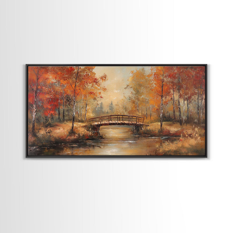 Autumn Bridge Over Quiet River Tall Art Framed Canvas Print Serene Fall Landscape With Colorful Foliage And Peaceful Reflections