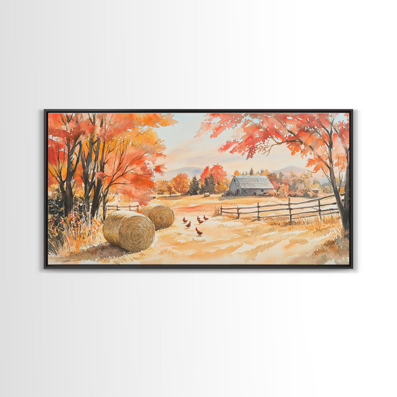 Autumn farmhouse decor Canvas Print fall landscape with barn and chickens harvest season gift idea rustic fall wall art holiday home decor