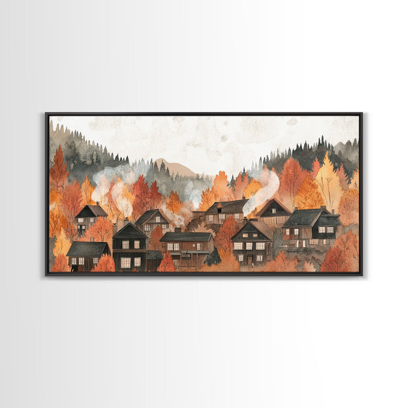 Autumn village decor Framed Canvas Print rustic village with fall trees cozy seasonal wall art gift idea moody landscape autumn home decor