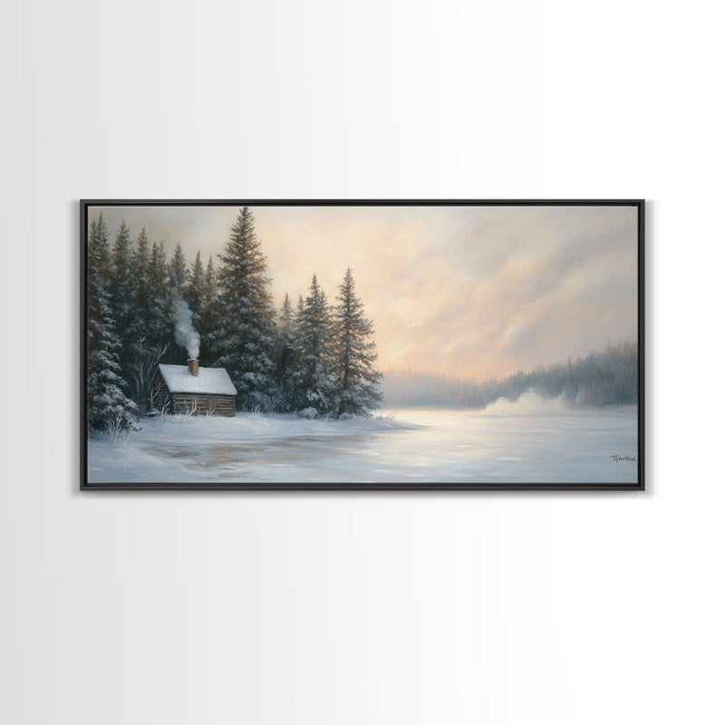 Winter Cabin By The Lake Tall Art Framed Canvas Print Snow Covered Cabin In Peaceful Forest With Winter Wonderland Scene