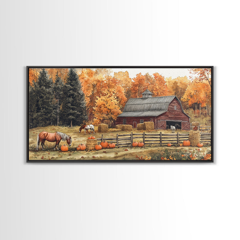 Autumn Barn Pumpkin Horses Canvas Print Farmhouse Fall Decor Seasonal Wall Art Framed Canvas Print Rustic Fall Farmhouse Wall Art