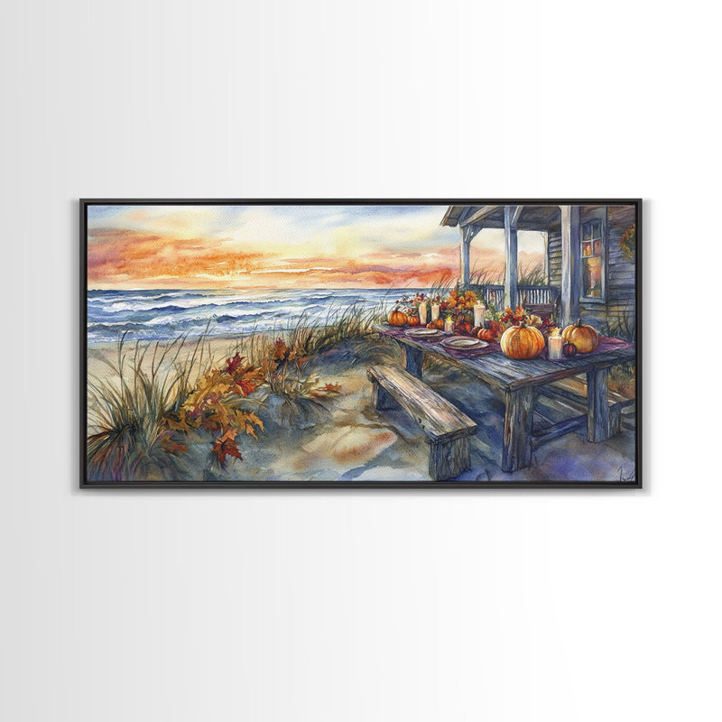 Beach Thanksgiving Table Pumpkins Canvas Print Fall Beach Decor Autumn Coastal Wall Art Framed Canvas Print Seasonal Wall Art