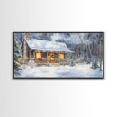 Snowy cabin Christmas decor, winter wonderland wall art, rustic farmhouse Christmas print, cozy country home decor, framed canvas print