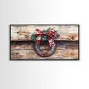 Festive horseshoe Christmas art, rustic holiday decor, farmhouse holiday gift idea, cozy winter home decor, framed canvas print