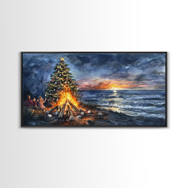 Beach Christmas decor with bonfire, sunset coastal holiday wall art, Christmas tree print, festive coastal art gift, framed canvas print