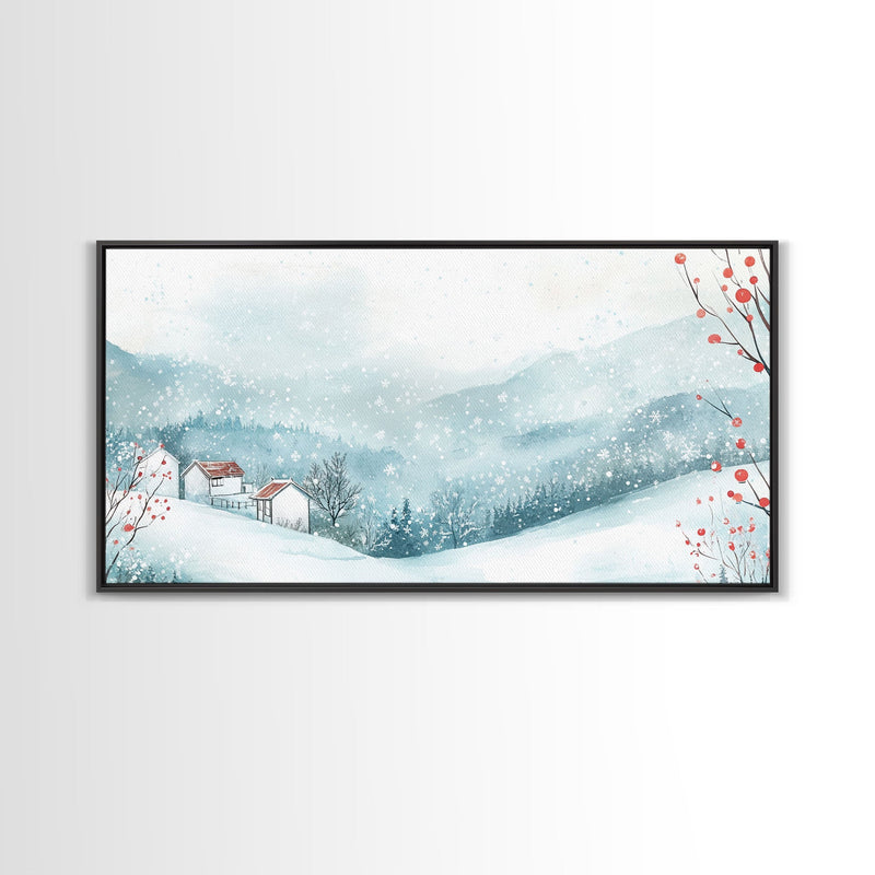 Winter mountain village art, snow-covered landscape, holiday wall art, winter wall decor, cozy winter home decor, framed canvas print