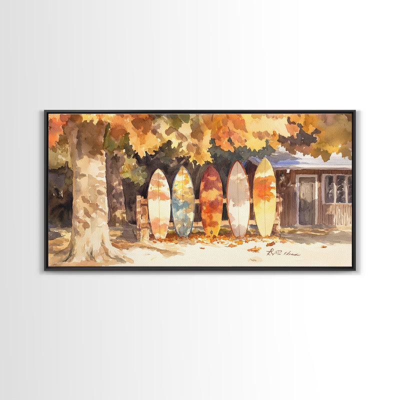 Autumn surfboards art, canvas print featuring surfboards with fall leaves, cozy fall home decor, rustic wall art, autumn vacation gift idea