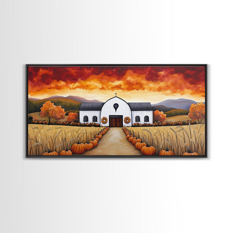 Autumn pumpkin farm with barn, canvas print, fall farmhouse decor, rustic autumn home decor, cozy fall harvest wall art for seasonal display