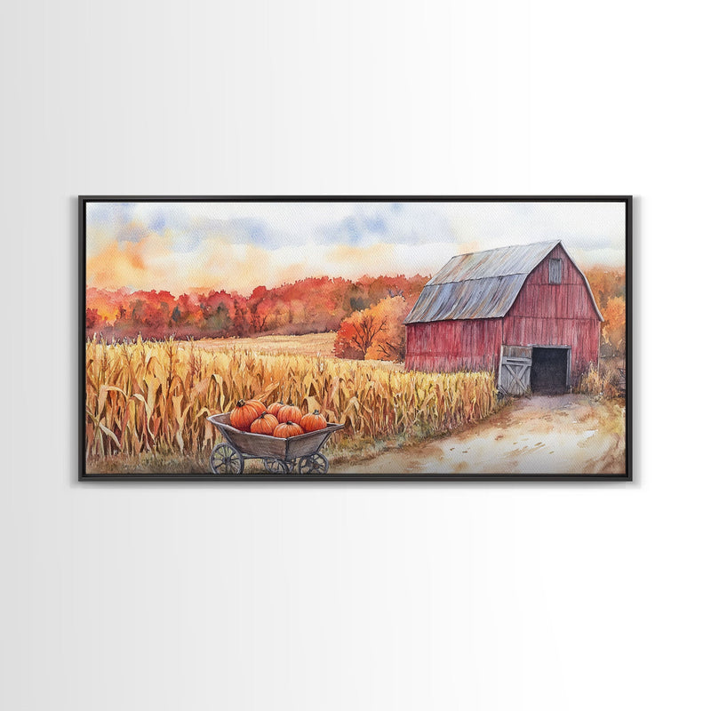 Autumn Barn with Pumpkins in Wheelbarrow, Farmhouse Fall Decor, Framed Canvas Print, Seasonal Wall Art, Country Home Decor, Gift Idea