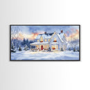 Cozy Winter House with Snowy Landscape, Christmas Decor, Framed Canvas Print, Farmhouse Christmas Decor, Seasonal Wall Art, Gift Idea
