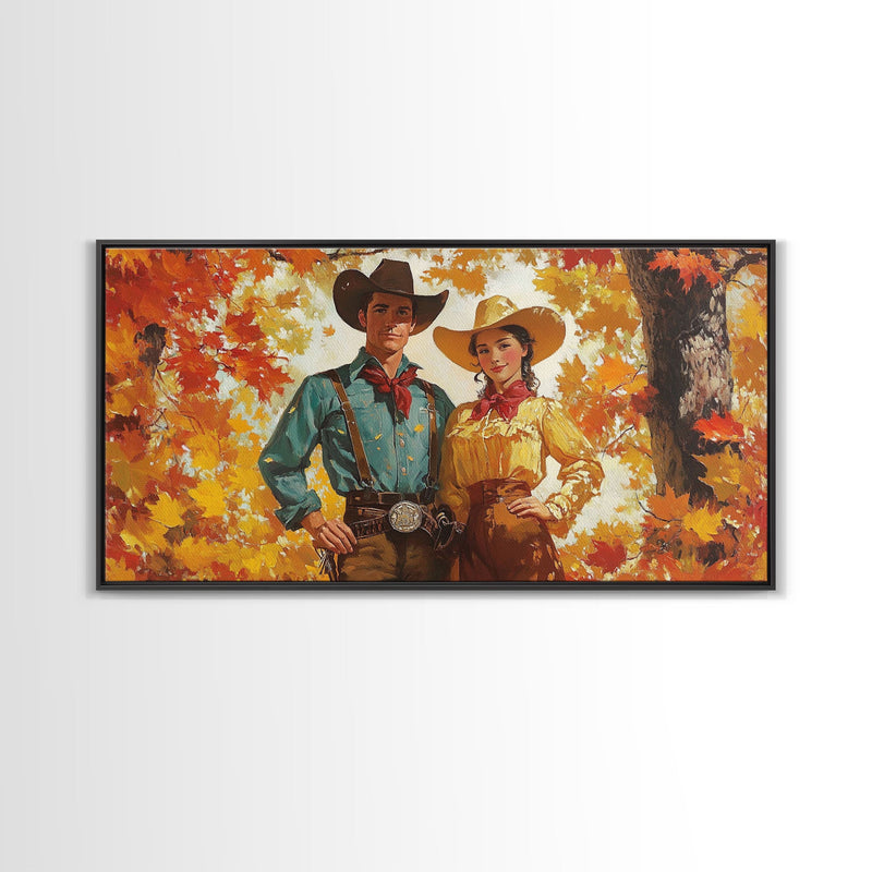 Autumn Cowboy In Forest Framed Canvas Print Western Cowboy Wall Art Fall Cowboy Gift Rustic Wall Decor Moody Landscape Above Sofa