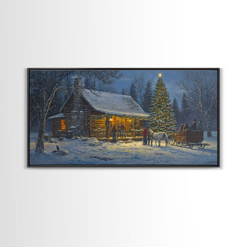 Winter Christmas Framed Canvas Print Cabin Christmas Tree Scene Wall Art Large Christmas Decor Perfect Rustic Holiday Wall Art